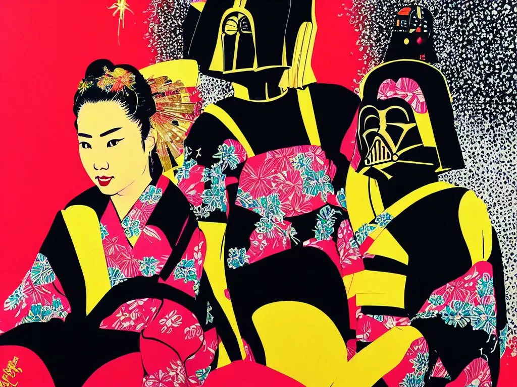 Image similar to hyperrealistic composition of the detailed woman in a japanese kimono sitting at a extremely detailed black jack table with golden darth vader, fireworks, mountain fuji on the background, pop - art style, jacky tsai style, andy warhol style, acrylic on canvas