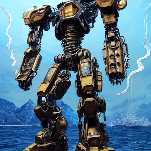 Prompt: pacific rim robot wearing high tech armor standing in the sea, full body, steam punk, 70's sci-fi, extremely detailed digital painting, in the style of Fenghua Zhong and Ruan Jia and Jermy lipking and peter mohrbacher, mystic colors, highly detailed, deep aesthetic, 8k, highly ornate intricate details, cinematic lighting, rich colors, digital artwork, ray tracing, hyperrealistic, photorealistic, cinematic landscape, trending on artstation,