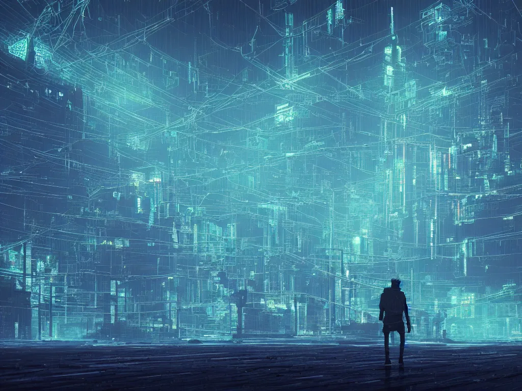 Prompt: synthwave landscape of a lone traveler walking towards a distant cyberpunk castle , cyberspace, grid, virtual, night, wireframe, by John Smith, by Alena Aenami, by Greg Rutkowski, wide angle, highly detailed, cinematic, Blue and Green color scheme