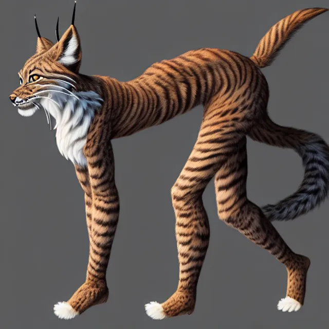 Image similar to the full body of anthropomorphic lynx fursona from behind wearing a steampunk suit as unimaginably beautiful, gorgeous, elegant, young woman with lynx head, an ultrafine hyperdetailed illustration by furaffinity, intricate linework, white fur, unreal engine 5 highly rendered, global illumination, radiant light, detailed and intricate environment