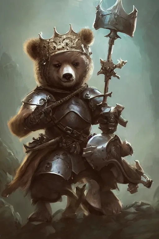 Image similar to cute little anthropomorphic bear knight wearing a cape and a crown, tiny, small, miniature bear, baby animal, short, pale blue armor, cute and adorable, pretty, beautiful, DnD character art portrait, matte fantasy painting, DeviantArt Artstation, by Jason Felix by Steve Argyle by Tyler Jacobson by Peter Mohrbacher, cinematic lighting