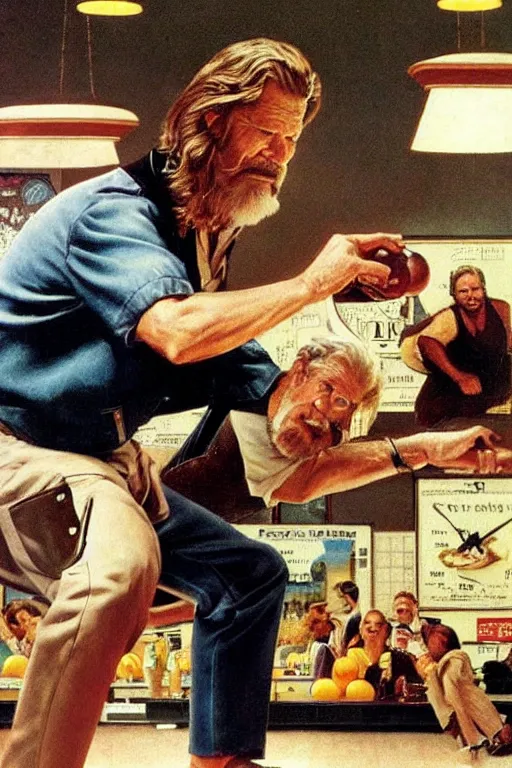 Prompt: Jeff Bridges from the movie The big Lebowski playing bowling painted by Norman Rockwell