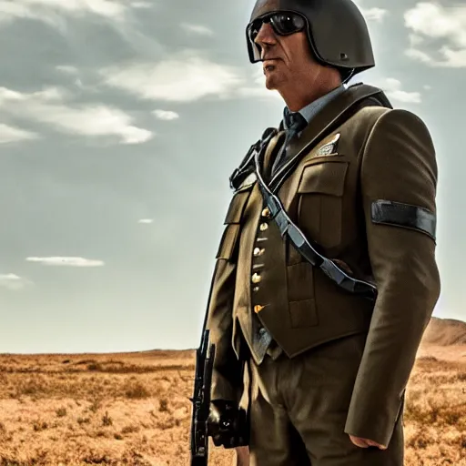 Image similar to Movie still of Saul Goodman wearing modern modern modern heavy military gear, highly detailed, 4k