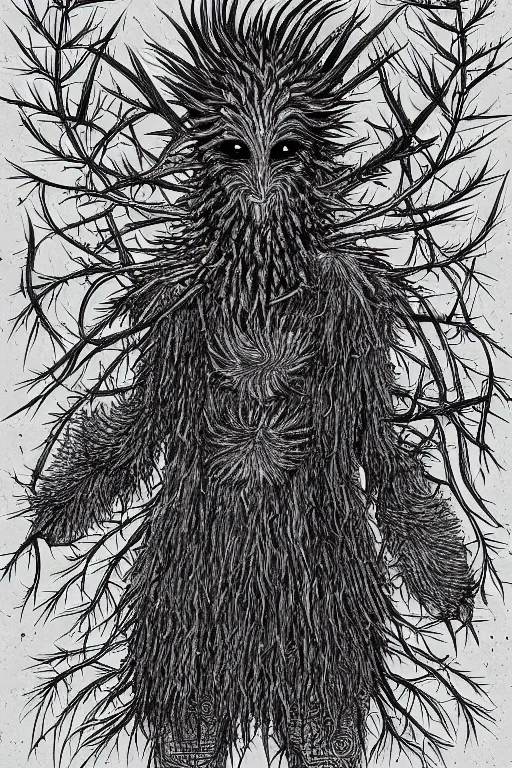 Image similar to thistle monster humanoid figure, symmetrical, highly detailed, digital art, needles, thorns, sharp focus, trending on art station, kentaro miura manga art style