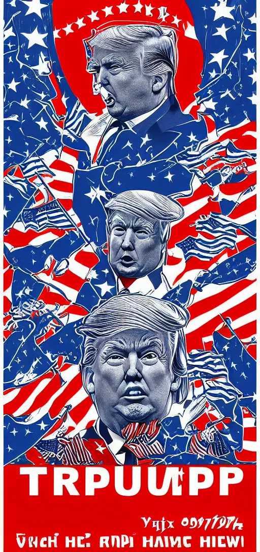 Image similar to donald trump trumpwave apotheosis poster in the style of communist russian propaganda art and alex grey, with bold colors and contrast, patriotic, red white and blue, nationalist, stoic, heroic