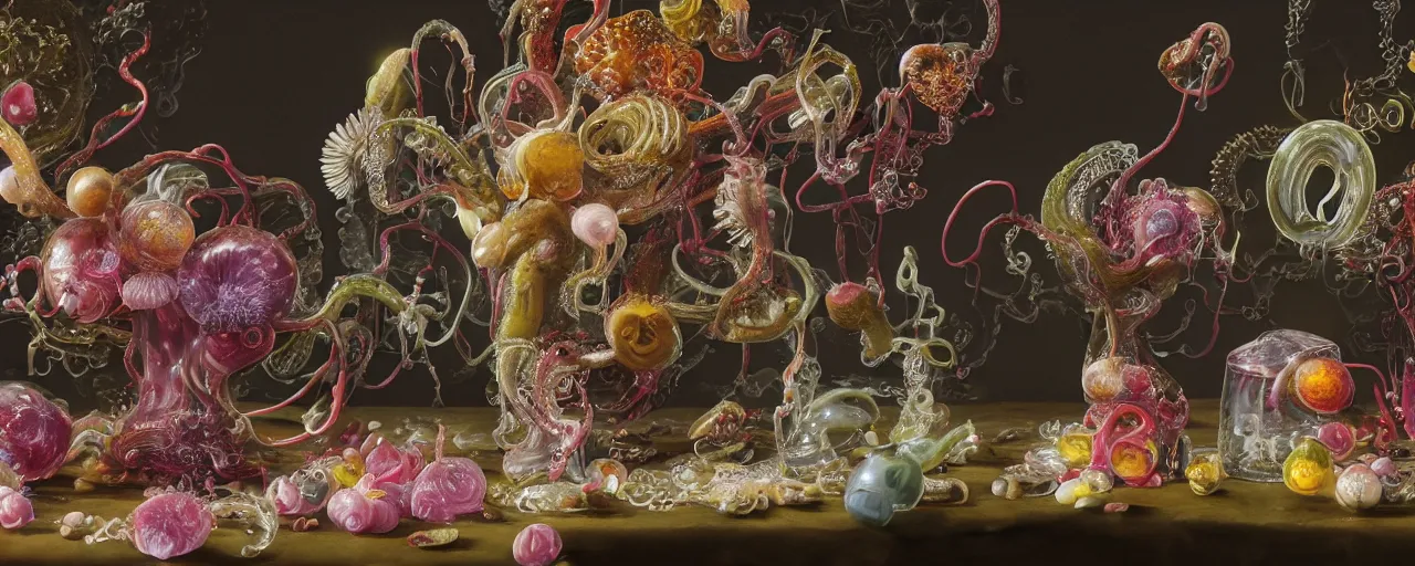 Image similar to ultradetailed photorealistic still life with jelly flowers by ernst haeckel, jan brueghel, james jean and david lachapelle, slime and tentacles, wide angle, minimalistic cinematic composition, octane render, bokeh, unreal engine, 4k, 3d render