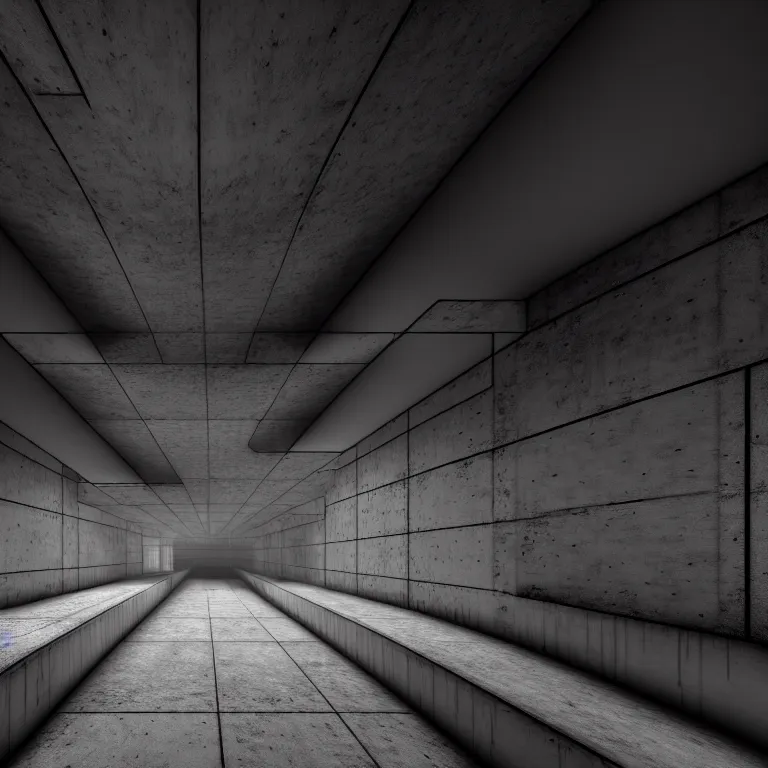 Prompt: Concrete huge dark-gray multi-layered underground structure with multiple floors and a cleft in the center. Inside view, straight lines, corners, high detailed, details, ultra realistic, photorealism, 8k, doorways, symmetrical, brutalism, ray of light, architecture, volumetric lighting, cinematic, shadows