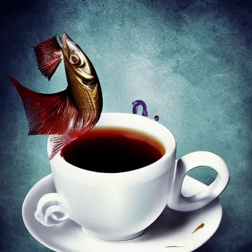 Image similar to photomanipulation of a supernatural fish drinking a cup of tea by a straw.