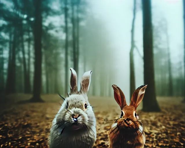 Image similar to a lomography photo of rumble between two human with rabbit head in foggy forest this morning, bokeh,