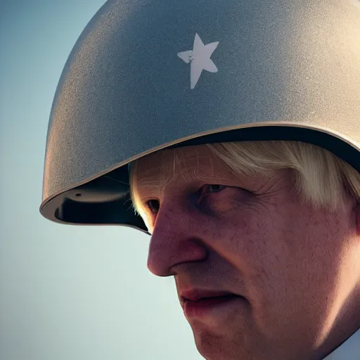 Prompt: boris johnson with peace symbol military helmet on, in kyiv, realistic, wide shot, sunny lighting, octane render, gq magazine, hyper realistic, high quality, highly detailed, hd, beautiful, cinematic, 8 k, unreal engine, facial accuracy,