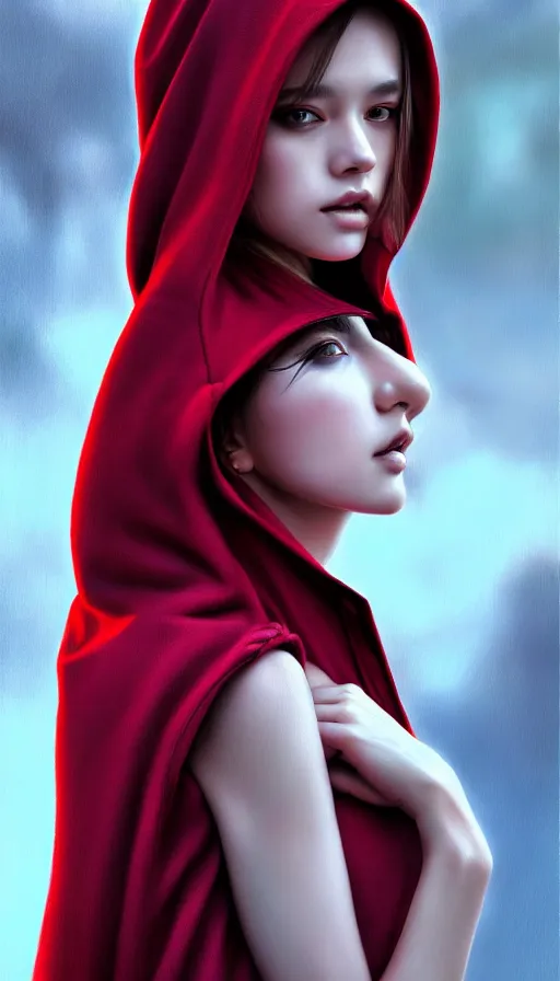 Image similar to photo of a gorgeous young girl hooded in the style of stefan kostic, realistic, sharp focus, 8k high definition, high fashion, vogue, insanely detailed, intricate, elegant, art by stanley lau and artgerm, sigma 85mm art