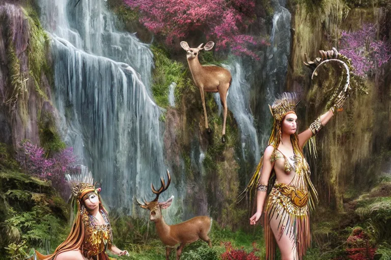 Image similar to a beautiful divine tribal high priestess with feathers and crystals in a lush field of flowers, highly detailed medieval temple with waterfall and deer behind her, wide painting by greg rutkowski and hr giger, zbrush, trending on artstation - h 1 0 2 4