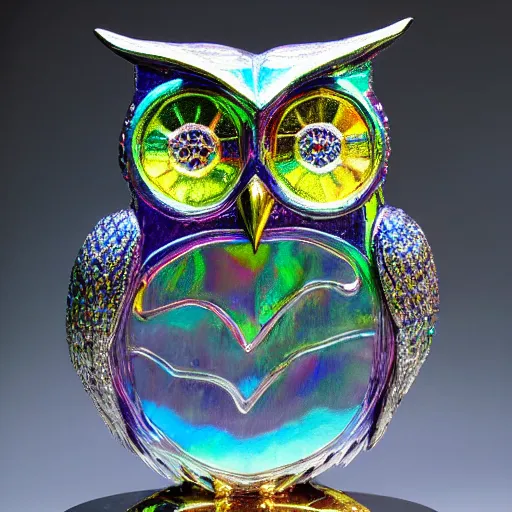 Prompt: symmetrical detailed sculpture of an owl, made of Iridescent Prismatic Crystal