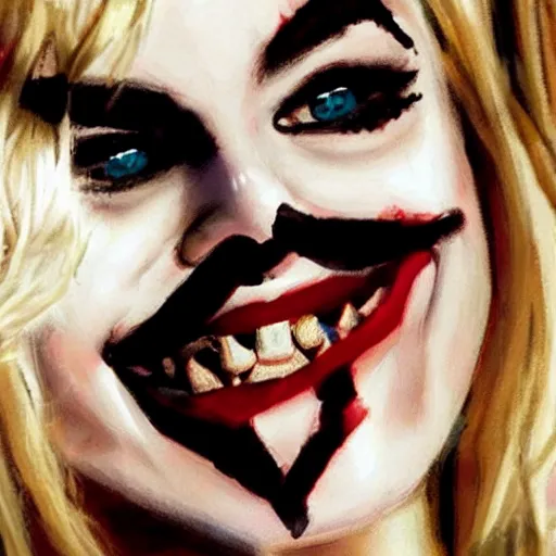 Prompt: a portrait of margot robbie as harley quinn doing a kissing face, highly detailed