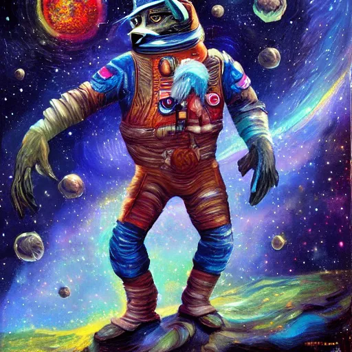 Image similar to a mutant racoon space captain, hdr, artistic, brushstrokes, impressionist, elegant, d&d, fantasy