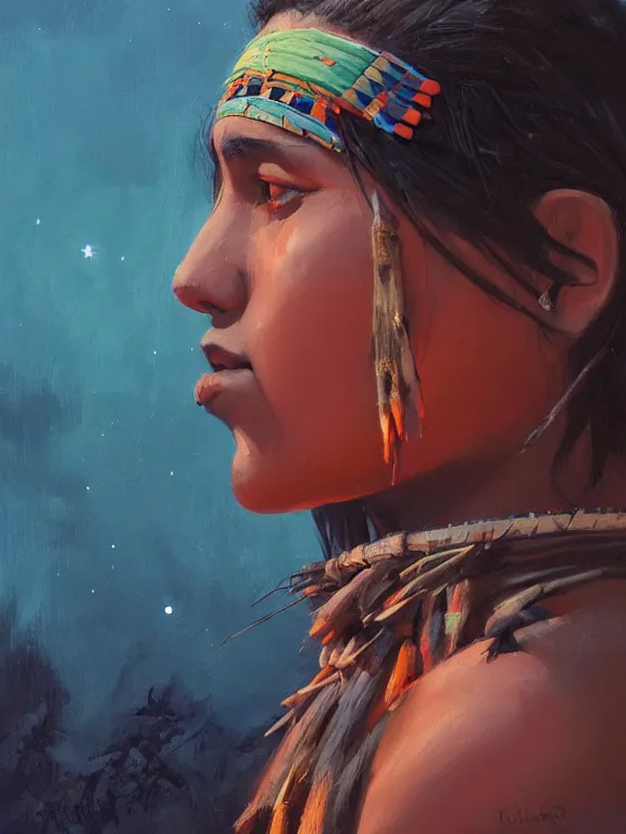 Image similar to an ultradetailed beautiful portrait painting of an female tribe native at a campfire at night, side view, oil painting, high resolution, by ilya kuvshinov, greg rutkowski and makoto shinkai