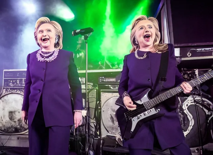 Image similar to publicity photo still of hillary clinton in a death metal band playing live on stage, 8 k, live concert lighting, mid shot