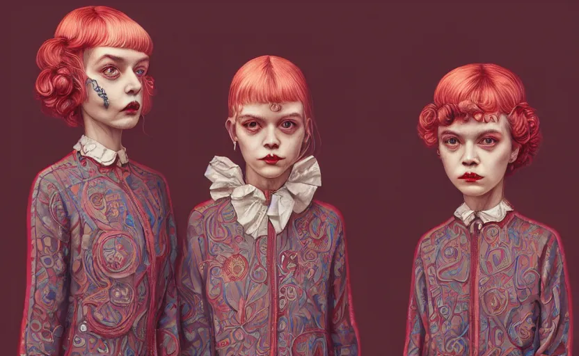 Image similar to creepy twins in victoria clothes:: by Martine Johanna and Simon Stålenhag and Chie Yoshii and Casey Weldon and Guillermo del toro :: ornate, dynamic, particulate, intricate, elegant, highly detailed, centered, artstation, smooth, sharp focus, octane render, 3d