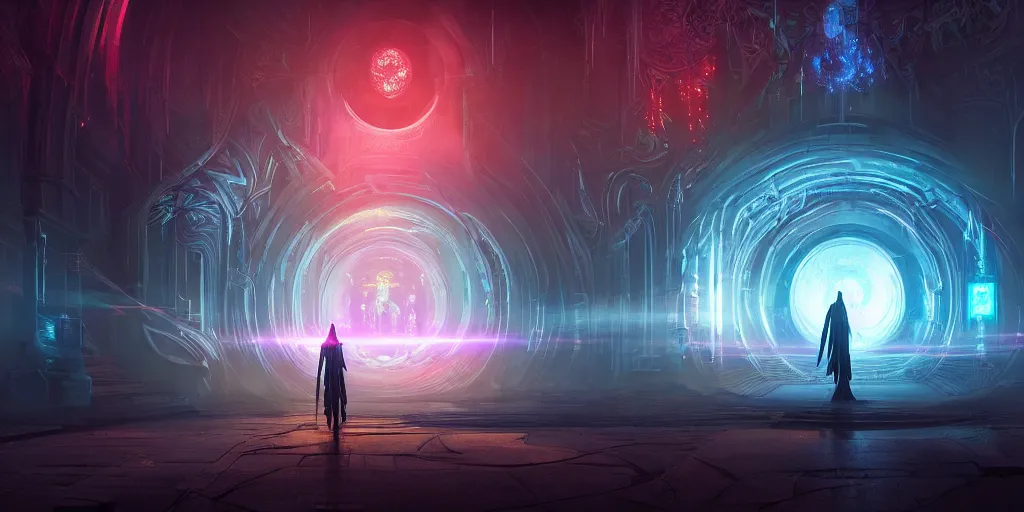 Image similar to portal to the ethereal realm, centered composition, intricate concept art, ethereal, ominous, mysterious, enchanted, magic, dramatic lighting, illuminated lines, outrun, vaporware, illuminated runes, cyberpunk darksynth, dark background, 8 k, octane render, by james paick and stephan martiniere and alphonse mucha