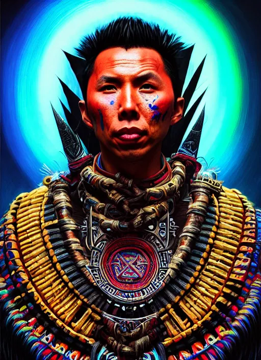 Image similar to portrait of donnie yen, hyper detailed ultra sharp aztec shaman warrior. trending on artstation, warpaint aesthetic, bloodwave, colorful, psychedelic, ornate, intricate, digital painting, concept art, smooth, sharp focus, illustration, art by artgerm and greg rutkowski and h. r. giger, 8 k