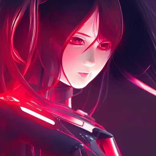 Image similar to digital anime, cyborg - girl refracting reality, black red long hair!, biomechanical details, neon background lighting, reflections, wlop, ilya kuvshinov, artgerm