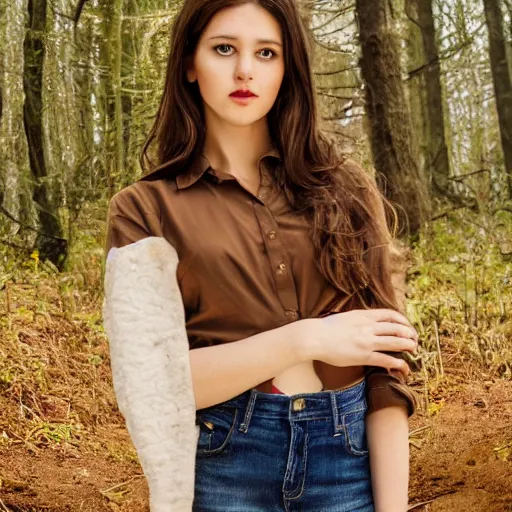 Prompt: real life photo of a beautiful girl, full body photoshoot, long brown hair, brown eyes, full round face, short smile, belly free, long sleeved belly free brown shirt, forest setting, cinematic lightning, medium shot, mid - shot, highly detailed, trending on artstation, unreal engine 4 k, 8 0 mm, 8 5 mm, cinematic wallpaper