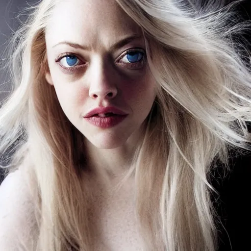 Image similar to photo of amanda seyfried, full platinum blond, pale skin, freckle, by annie leibovitz, realistic, high detail, high quality, trending on pinteresst