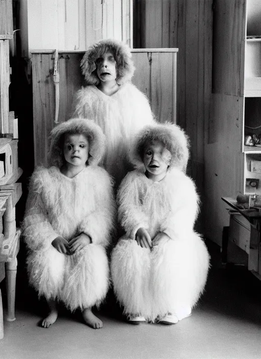 Prompt: realistic photo portrait of the family, white carnival fluffy mask, wearing fluffy cotton cloaks, sitting in the spacious wooden polished and fancy expensive wooden laboratory interior room 1 9 9 0, life magazine reportage photo