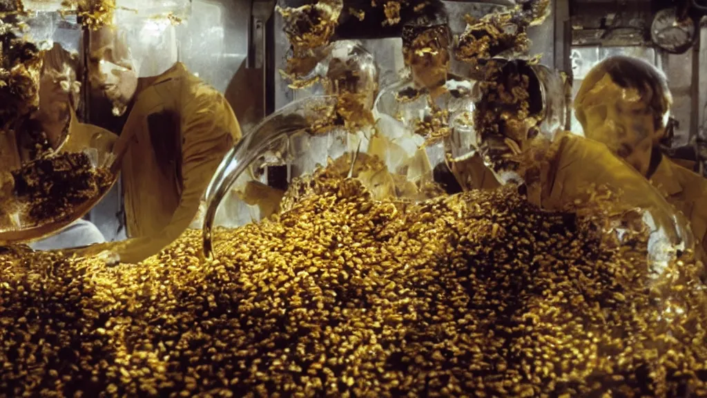 Image similar to The Beatles!!! drowning in honey! in a large honey jar, film still from the movie directed by Denis Villeneuve with art direction by Salvador Dalí, wide lens