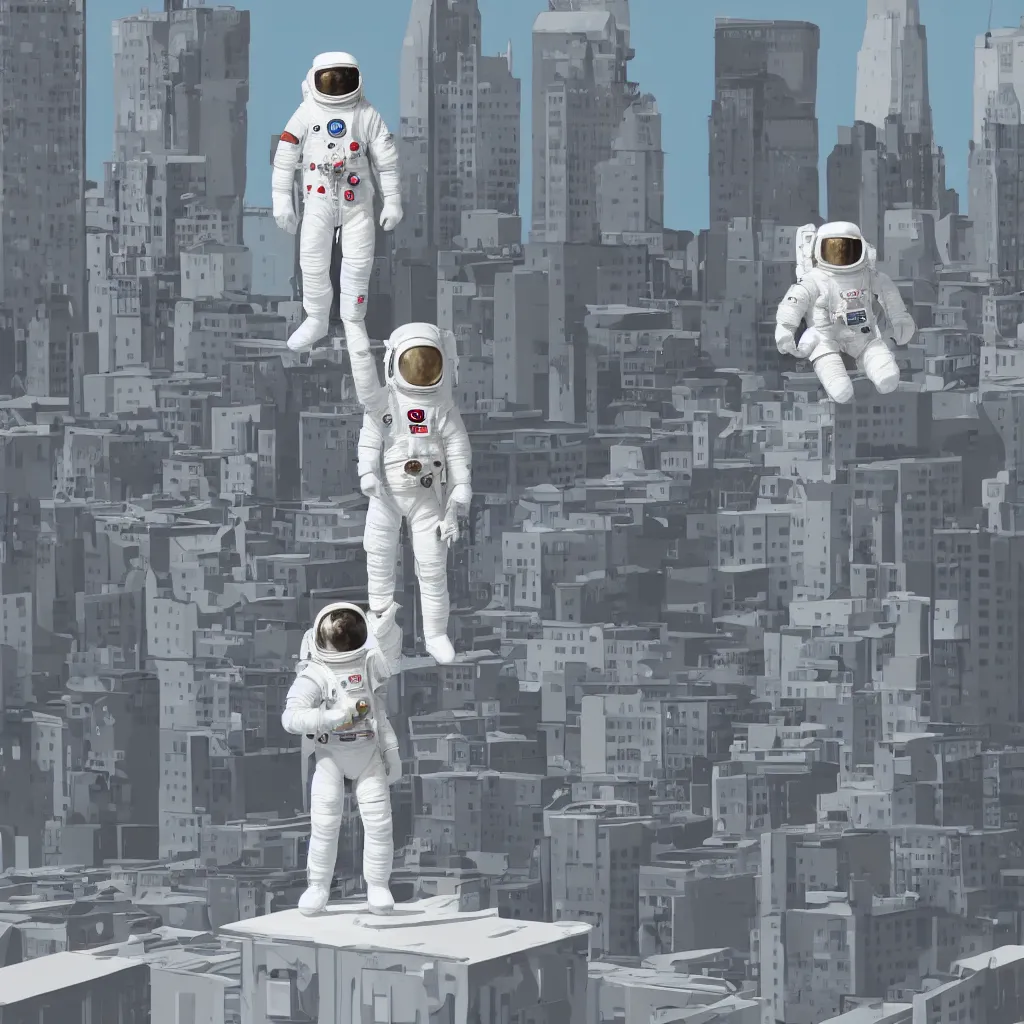 Image similar to illustration of an all grey plastic astronaut model toy on top of a building on a city street