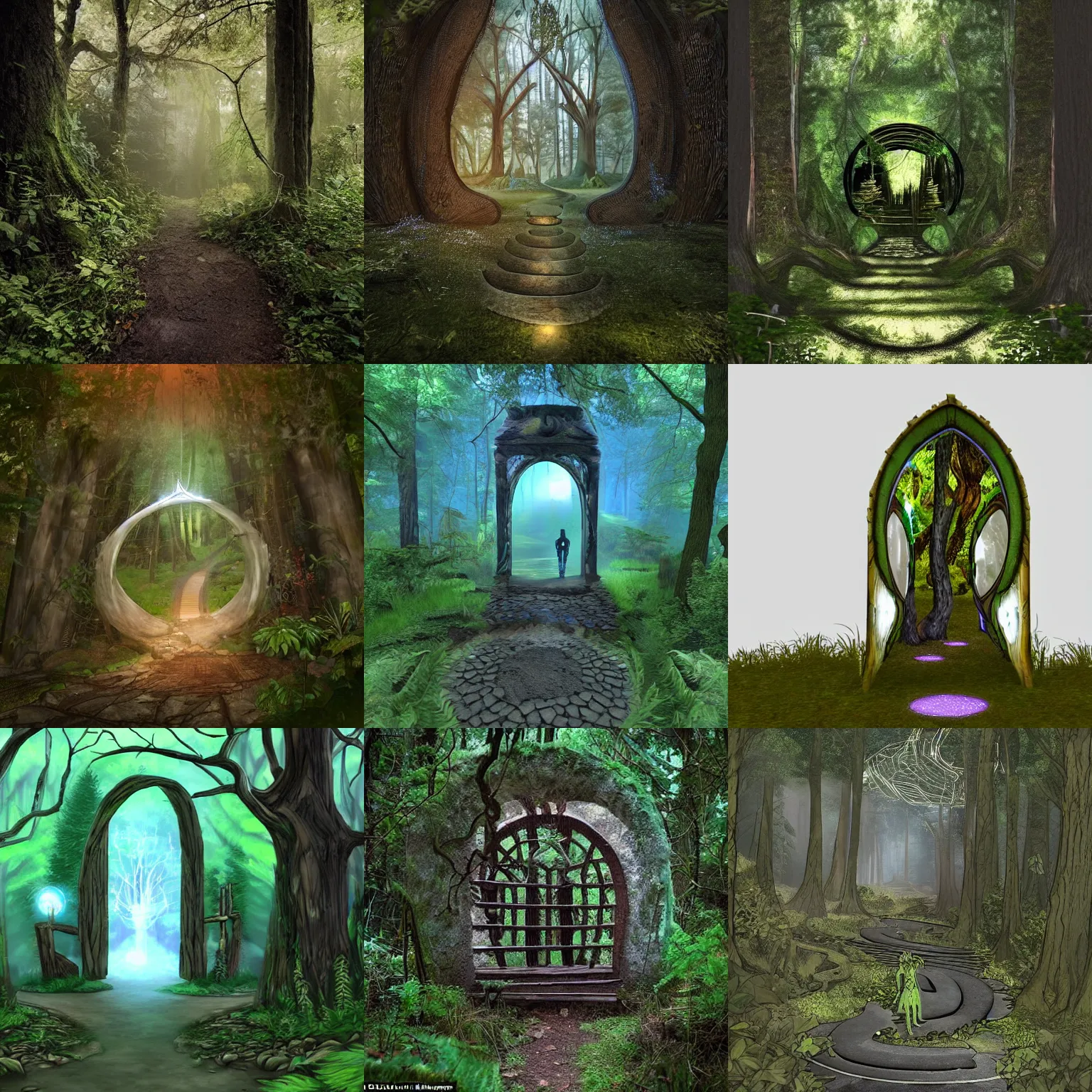 Prompt: a portal to the activated otherworld stands beside a winding path in the forest, you can see clearly into the otherworld