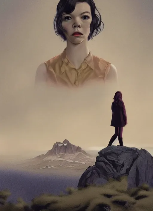 Image similar to Twin Peaks movie poster artwork by Michael Whelan and Tomer Hanuka, Rendering of Anya Taylor-Joy, the watcher, looking for a signal, from a scene from Twin Peaks, clean, full of detail, Matte painting, trending on artstation and unreal engine