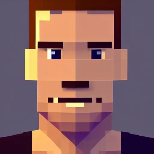 Prompt: tall man in his twenties with brown blond short quiff hair and thin slightly round facial structure with cleft chin, straight eyebrows and prominent nose, good definition of cheekbones, big hazel nut brown eyes, narrow face, slim body, atmospheric lighting, pixelated, minecraft