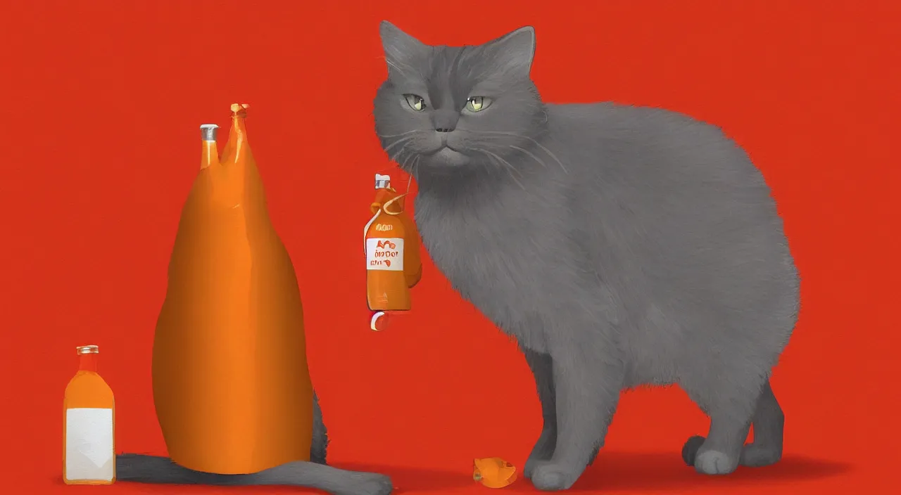 Prompt: a cat standing next to a bottle of medicine. orange cat. animal. digital art. artstation. illustration. background color is red.