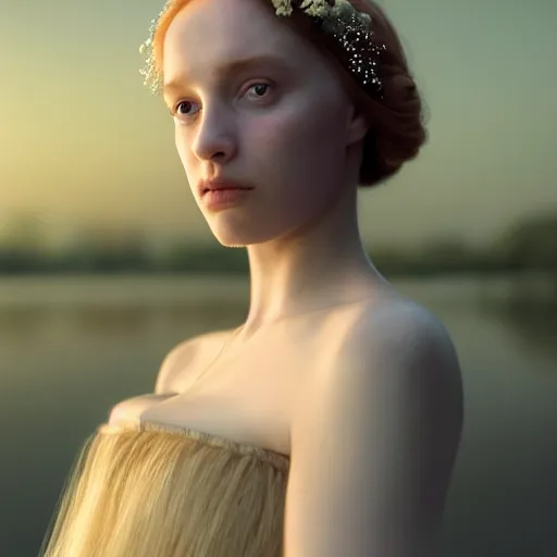 Image similar to photographic portrait of a stunningly beautiful english midsummer queen renaissance female in soft dreamy light at sunset, beside the river, soft focus, contemporary fashion shoot, in a denis villeneuve and tim burton movie, by edward robert hughes, annie leibovitz and steve mccurry, david lazar, jimmy nelsson, extremely detailed, breathtaking, hyperrealistic, perfect face, octane render