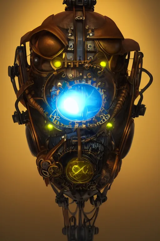 Image similar to steampunk mask minimalist fantasy art robot ninja helmet, global illumination ray tracing hdr fanart arstation by sung choi and eric pfeiffer and gabriel garza and casper konefal radiating a glowing aura