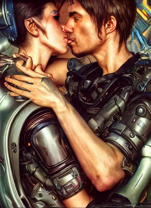 Image similar to ultra realistic medium shot of a couple of cyborgs kissing, lovers, cyberpunk, sci - fi, fantasy, kodak, photorealistic illustration, colour led, soft light, volumetric lighting, night, intricate, highly detailed, digital painting, concept art, smooth, sharp focus, illustration, art by artgerm and greg rutkowski and alphonse mucha