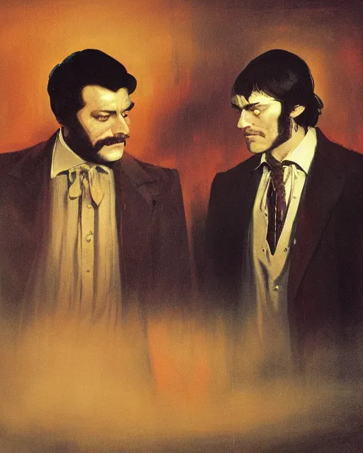 Prompt: two handsome but sinister men wearing oxford shirts in layers of fear, with haunted eyes, 1 9 7 0 s, seventies, wallpaper, a little blood, morning light showing injuries, delicate embellishments, painterly, offset printing technique, by brom, robert henri, walter popp