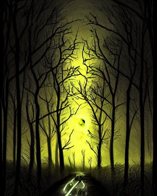 Image similar to horror image, a wooded lane lit only by the moon, on the lane is a black fiat from hell, black Philip, staring at you, concept art, ambient lifting, trending on artstation, deviantart