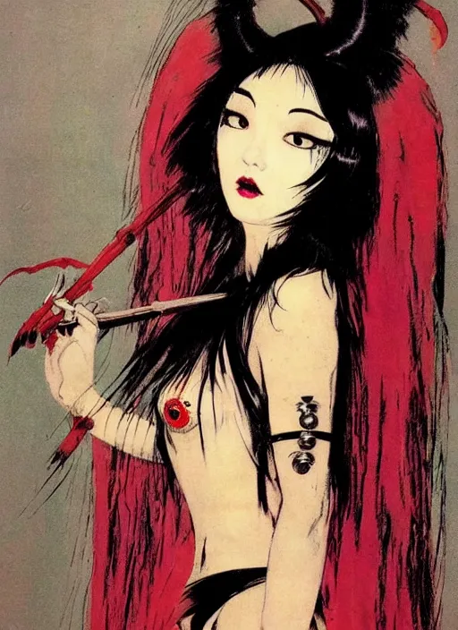 Image similar to svelt female korean vampiress, jeweled headdress, heavy mascara, strong line, saturated color, beautiful! coherent! by frank frazetta, high contrast, minimalism