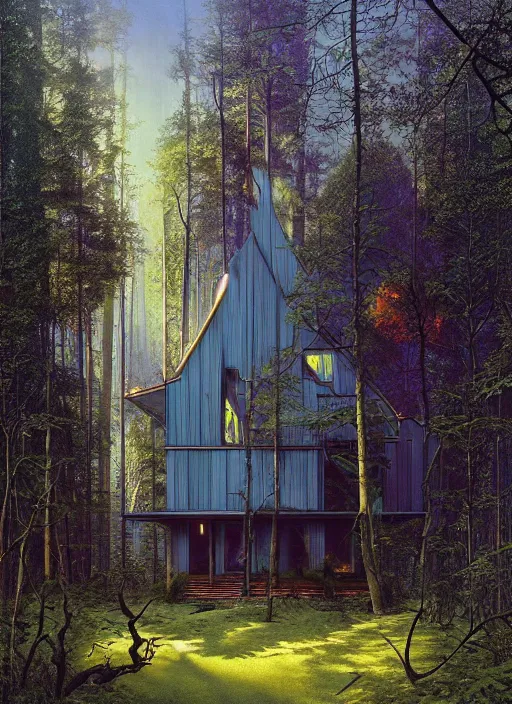 Image similar to hyper realistic witchy modern house with mood lighting and tech in the woods gorgeous lighting, blue sky, highly detailed, lush forest foliage painting by zdzisław beksinski and norman rockwell and greg rutkowski weta studio, and lucasfilm