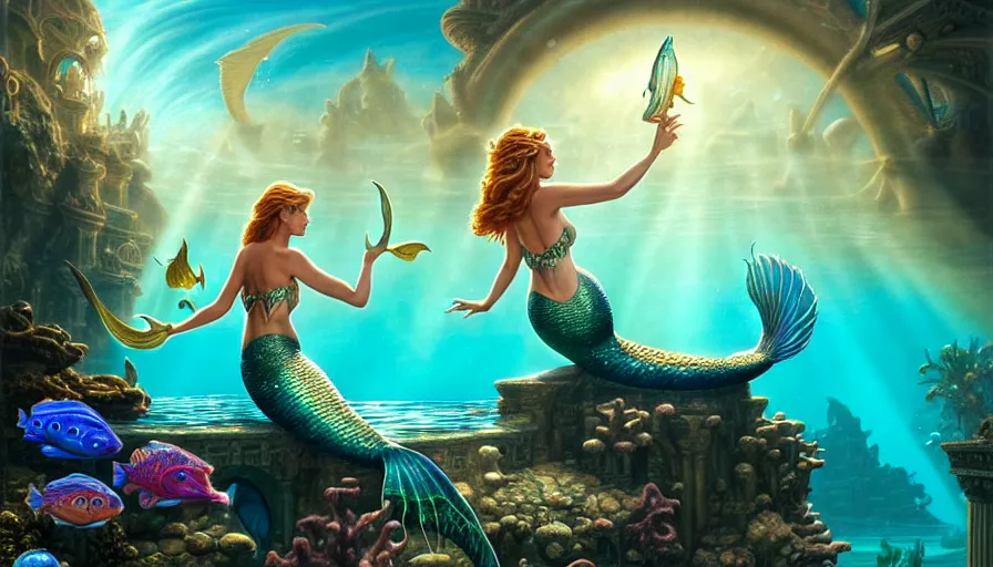 Prompt: a beautiful mermaid looking at the sunken city of Atlantis under water, rays of sunlight, stunning grand architecture, fish and sea creatures in background, art by Tim Hildebrandt, 8k octane beautifully detailed render, post-processing, extremely hyperdetailed, intricate, epic composition, grim yet sparkling atmosphere, cinematic lighting + masterpiece, trending on artstation, very detailed, vibrant colors, Art Nouveau, volumetric god rays, deep underwater scene, sharp focus, smooth, dizzy, moody