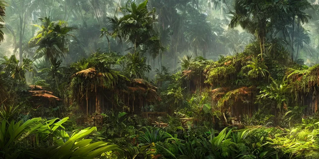 Image similar to tropical jungle, wall wood fortress, Photorealistic, plants environment, wide angle, establishing shot, cinematic lighting, atmospheric, realistic, octane render, highly detailed, color graded, matte painting in the style of craig mullins