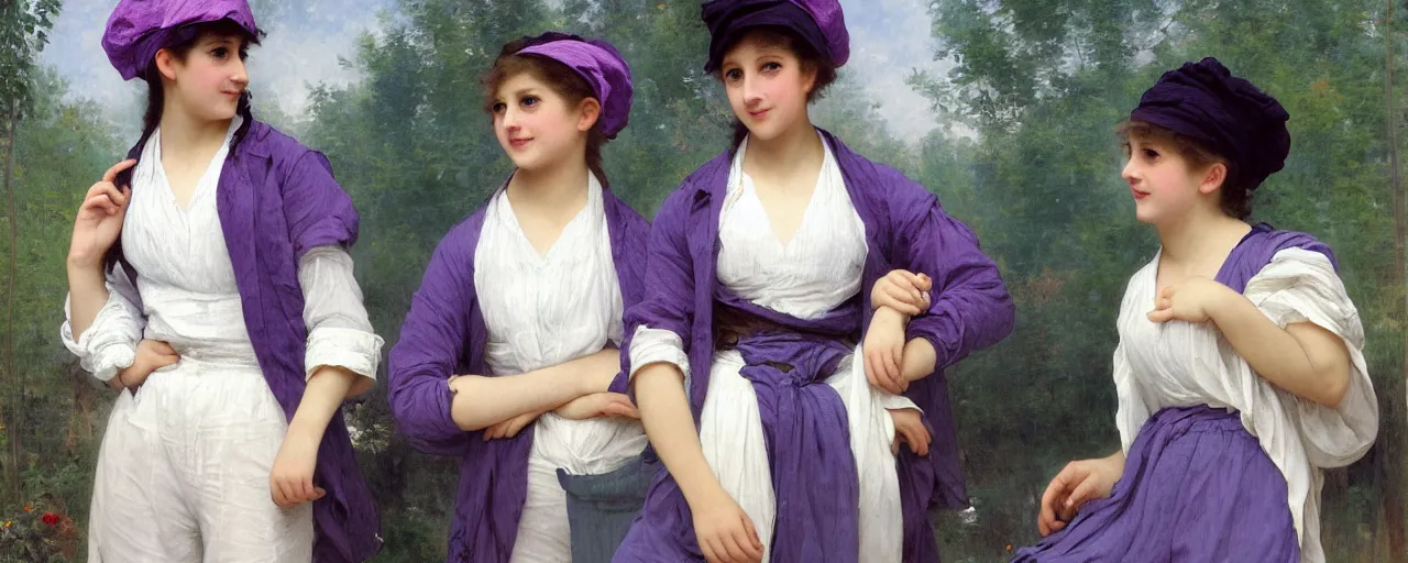 Prompt: A character sheet of many full body cute Emma Watsons with short hair wearing an oversized purple Beret, Purple overall shorts, Short Puffy pants made of silk, pointy jester shoes, a big billowy scarf, and white leggings. Rainbow accessories all over. Flowing fabric. Covered in stars. Short Hair. Art by william-adolphe bouguereau and Paul Delaroche and Alexandre Cabanel and Lawrence Alma-Tadema and WLOP and Artgerm. Fashion Photography. Decora Fashion. harajuku street fashion. Kawaii Design. Intricate, elegant, Highly Detailed. Smooth, Sharp Focus, Illustration Photo real. realistic. Hyper Realistic. Sunlit. Moonlight. Dreamlike. Surrounded by clouds. 4K. UHD. Denoise.