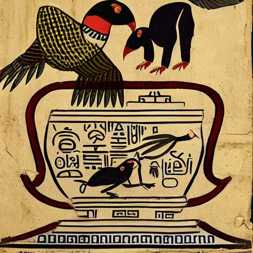 Prompt: a photo of an athenian vase with a painting of pandas toucans pangolins playing tennis soccer basketball in the style of egyptian hieroglyphics.