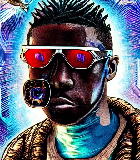 Prompt: hyper detailed comic illustration of a cyberpunk Wesley Snipes wearing a futuristic sunglasses and a gorpcore jacket, markings on his face, by Android Jones intricate details, vibrant, solid background, low angle fish eye lens