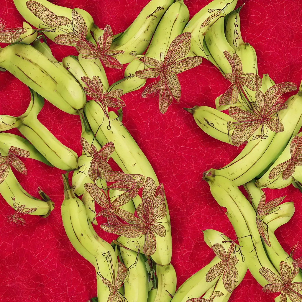 Image similar to high fashion haute couture scaled bananas with dragonflies, and form a complex fractal vegetable foliage, with red petals and shiny stems, mesh roots, hyper real, food photography, high quality