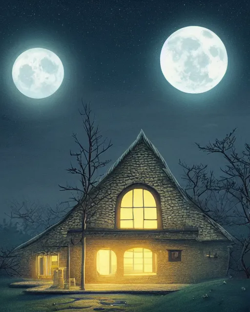 Prompt: beautiful painting of a serene moon at night over a elven house, art by mike winkelmann, sky night, illustration, highly detailed, simple, smooth and clean vector curves, no jagged lines, vector art, smooth, artstation