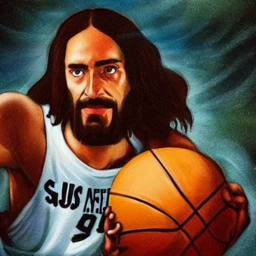 Image similar to Jesus playing basketball with Satan
