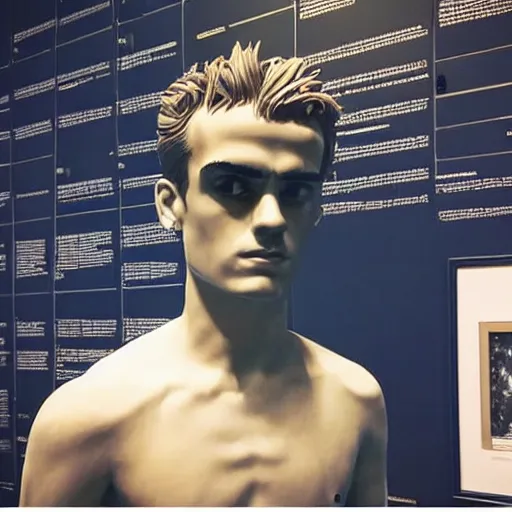 Image similar to “ a realistic detailed photo of a guy who is an attractive humanoid who is half robot and half humanoid, who is a male android, soccer player antoine griezmann, shiny skin, posing like a statue, blank stare, at the museum, on display ”